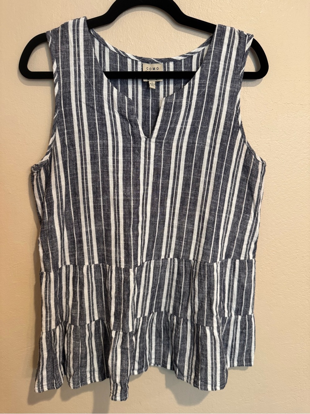Como Vintage Navy Blue and White Striped Sleeveless Top with Tiered Hem